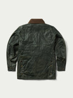 Dark green waxed barn coat with brown corduroy collar and brass snap buttons, back view.