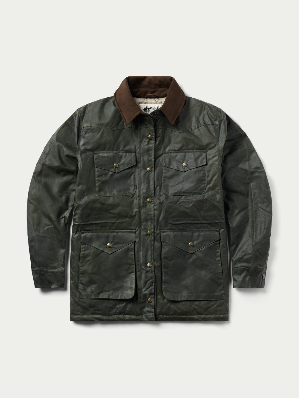 Dark green waxed barn coat with brown collar, front snap placket, and chest pockets.