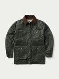 Dark green waxed barn coat with brown collar, front snap placket, and chest pockets.