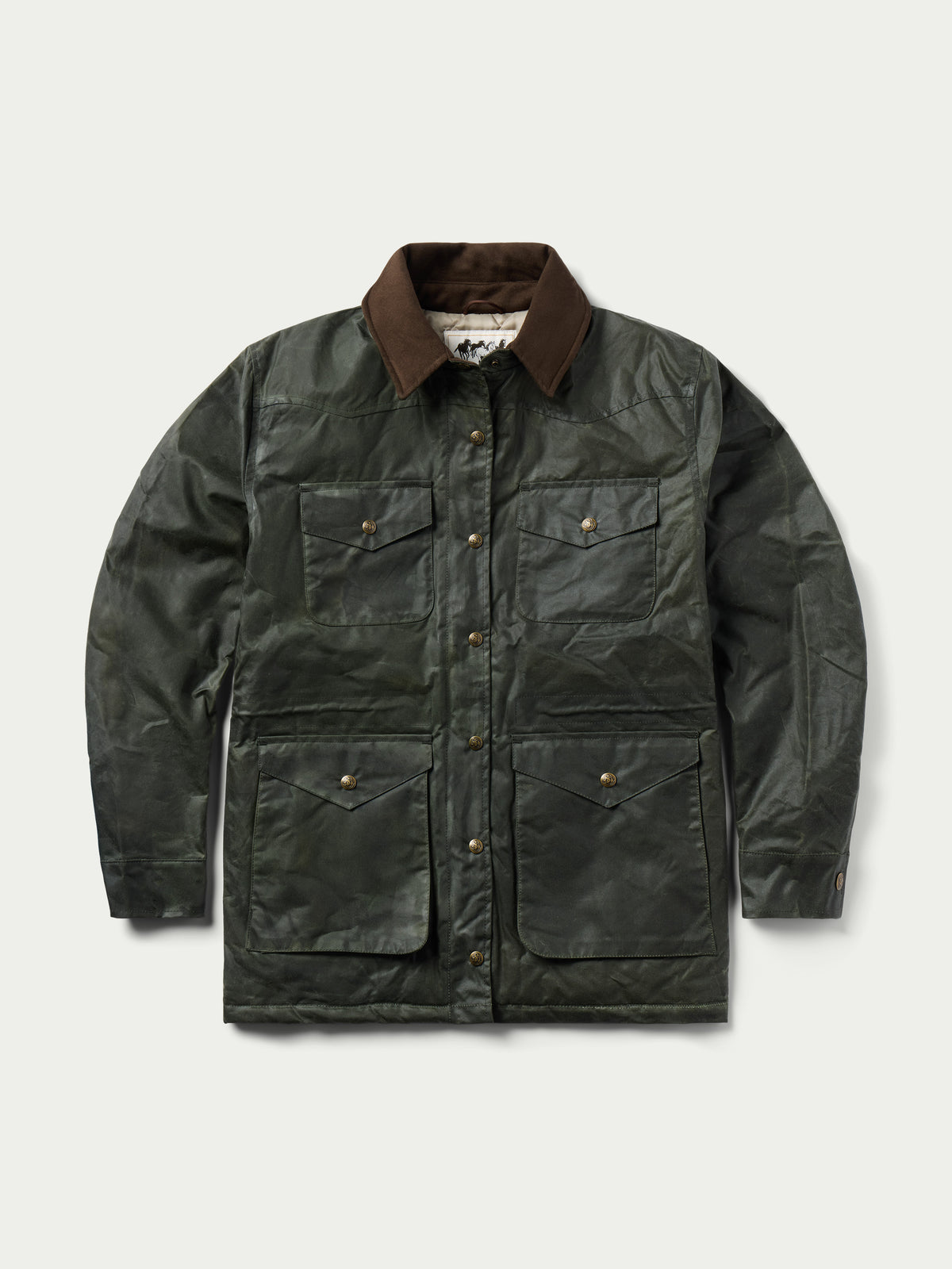 Dark green waxed barn coat with brown collar, front snap placket, and chest pockets.