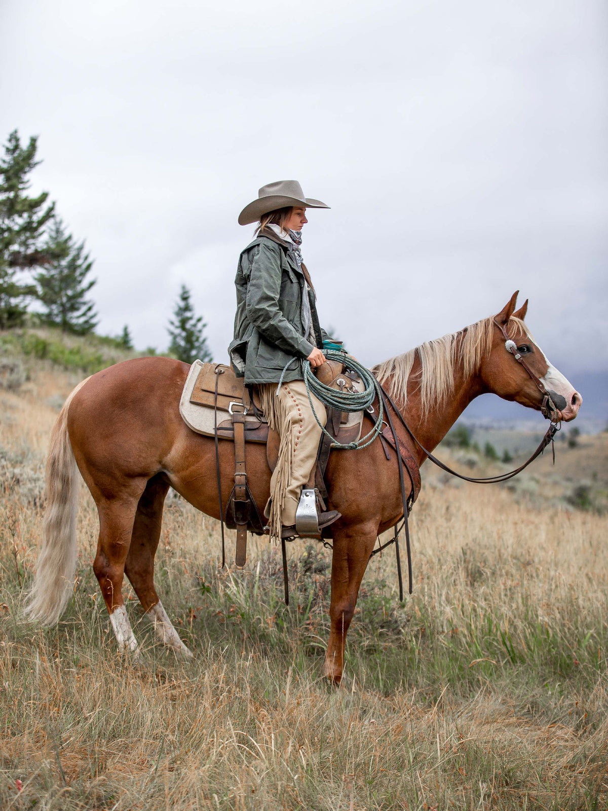 Model wearing dark green waxed barn coat with brown collar and front pockets, riding outfit.