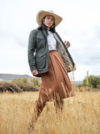 Loden green barn coat with flap pockets and snap front
