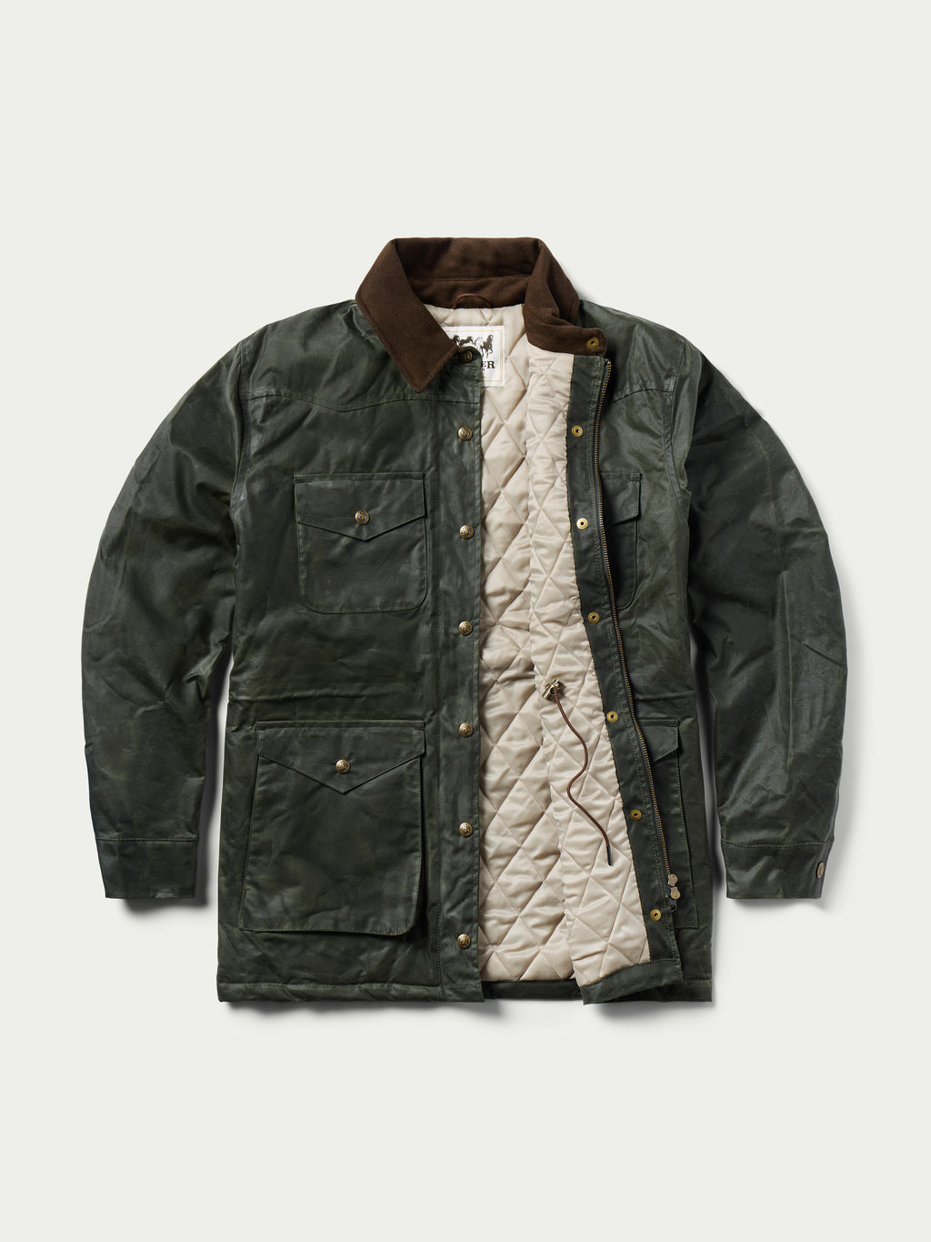 Loden dark green barn coat with cord collar, front buttons, and chest pockets