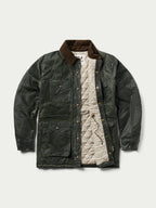 Loden dark green barn coat with cord collar, front buttons, and chest pockets