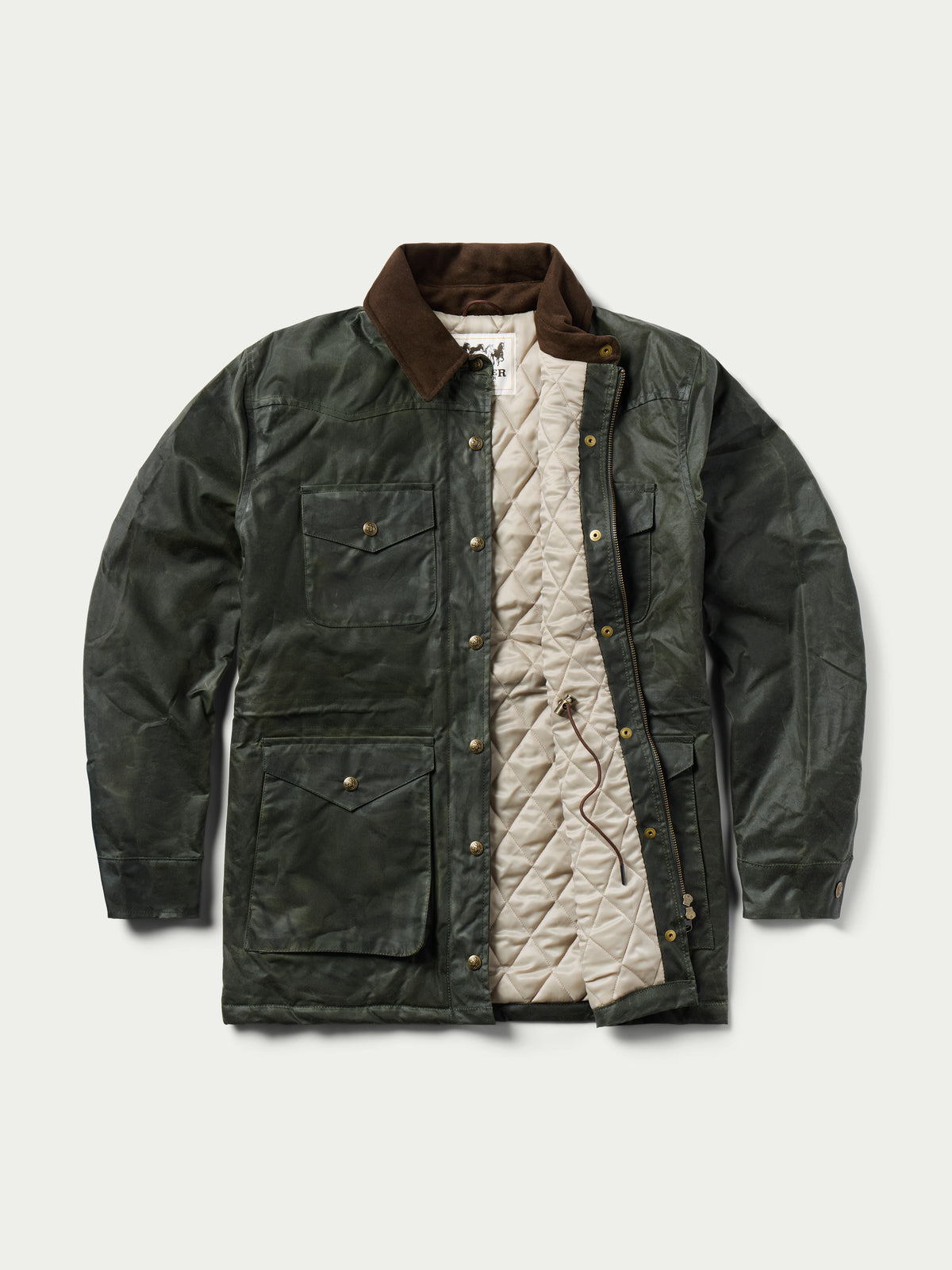 Loden dark green barn coat with cord collar, front buttons, and chest pockets