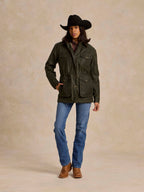 Loden dark green barn coat with button front and flap pockets, front view