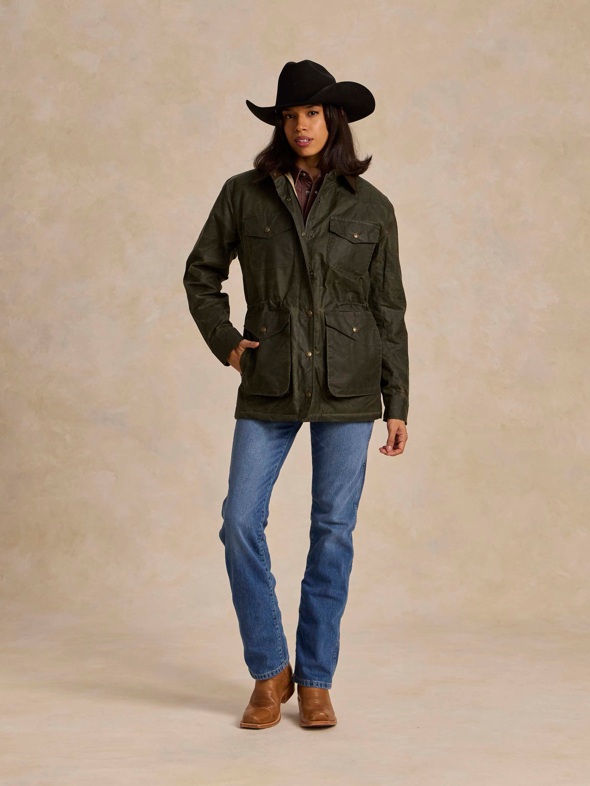 Loden dark green barn coat with button front and flap pockets, front view