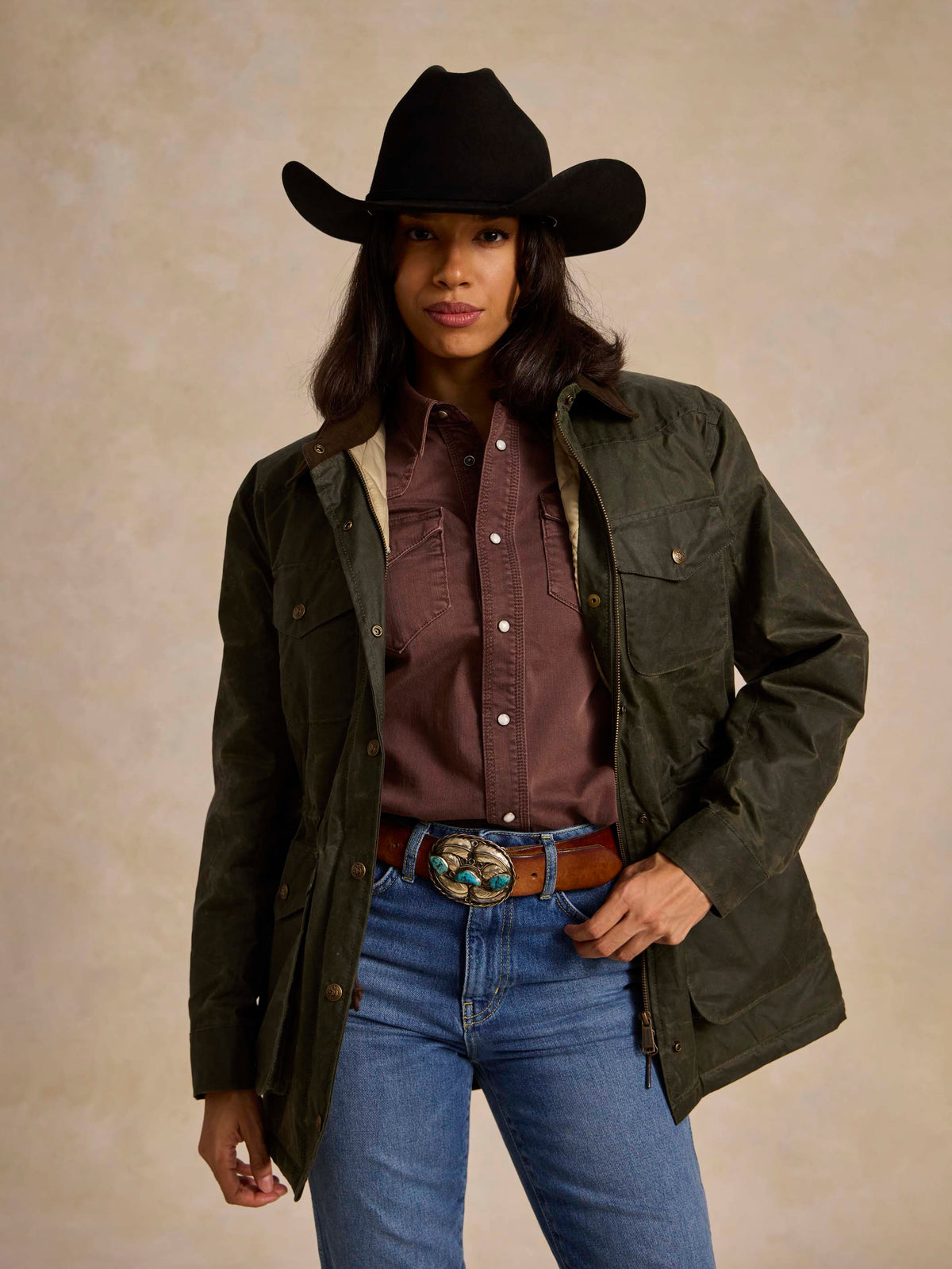 Women's RangeWax® barn coat, loden green, snap front, flap pockets, long sleeves