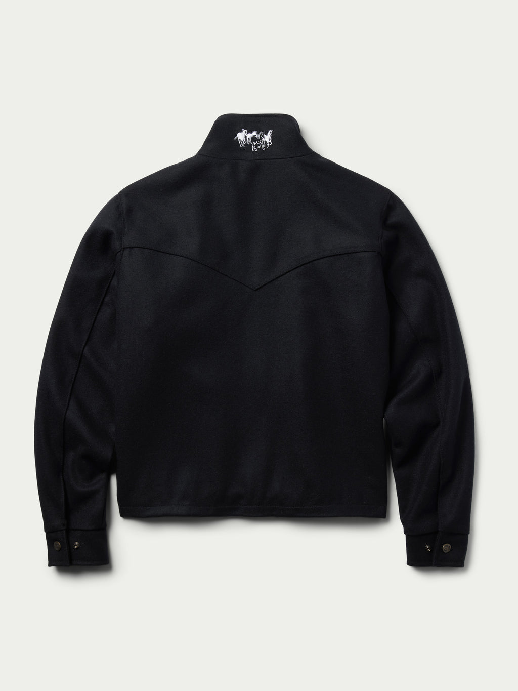 Women's black wool arena jacket, stand collar, back yoke seam, chest logo