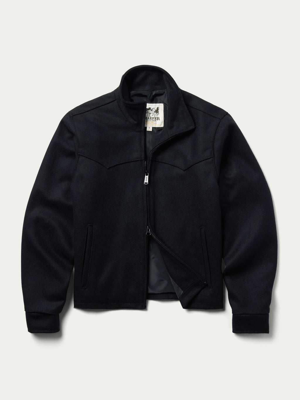 Women's black wool arena jacket, front zip-up with stand collar and two flap pockets
