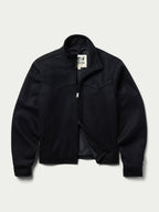 Women's black wool arena jacket, front zip-up with stand collar and two flap pockets