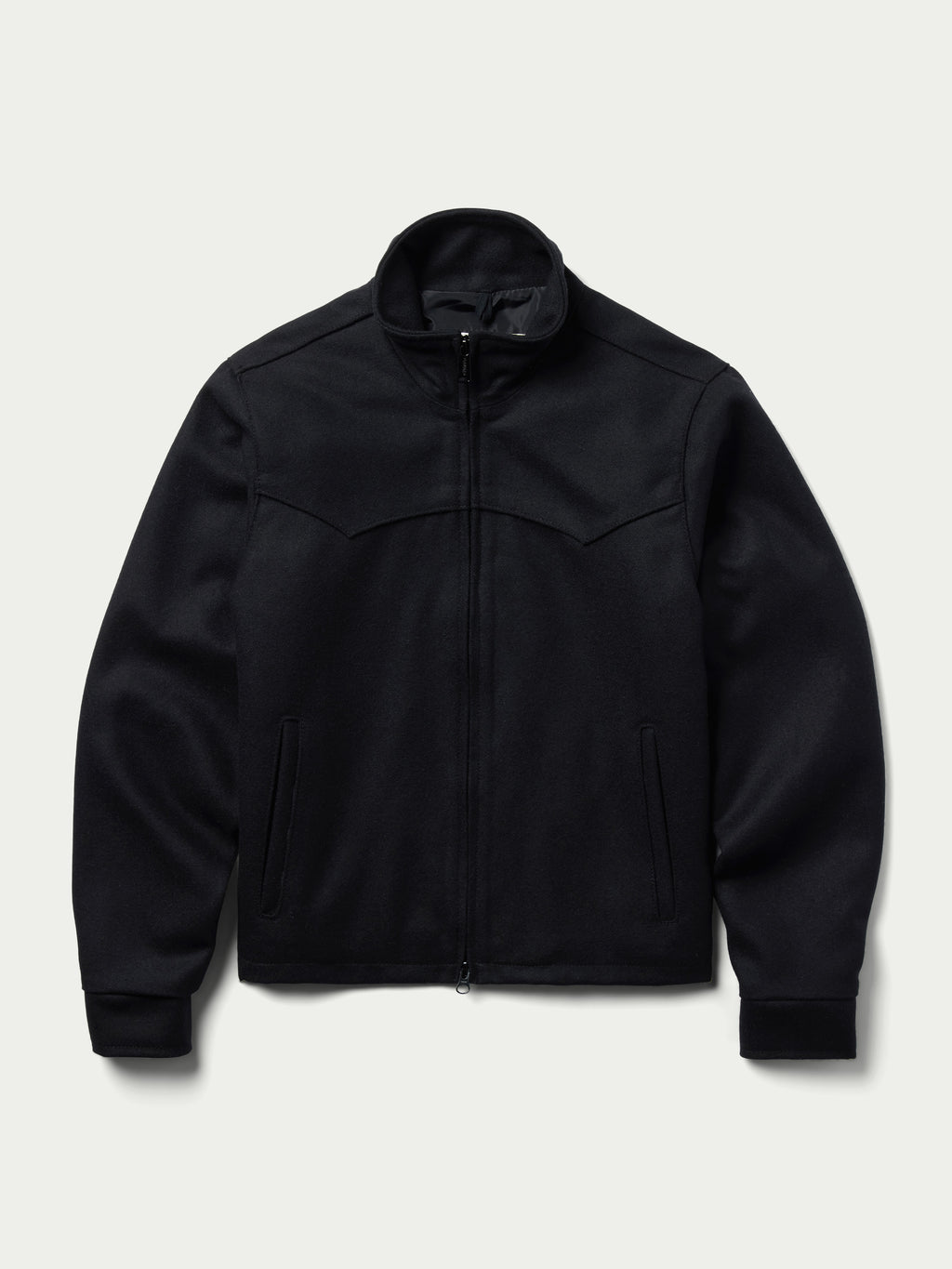 Women's black wool arena jacket, front zip-up with two flap pockets and ribbed cuffs