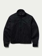 Women's black wool arena jacket, front zip-up with two flap pockets and ribbed cuffs