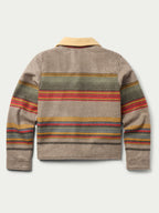 Back view of taupe striped women’s jacket with tan collar