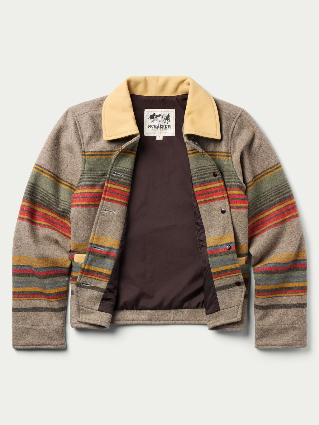 Taupe striped women’s jacket with tan leather-look collar and dark snap-button front