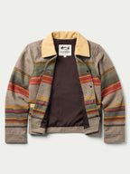 Taupe striped women’s jacket with tan leather-look collar and dark snap-button front