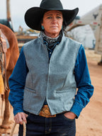 Heather gray wool vest with zip front, stand collar, and front flap pockets
