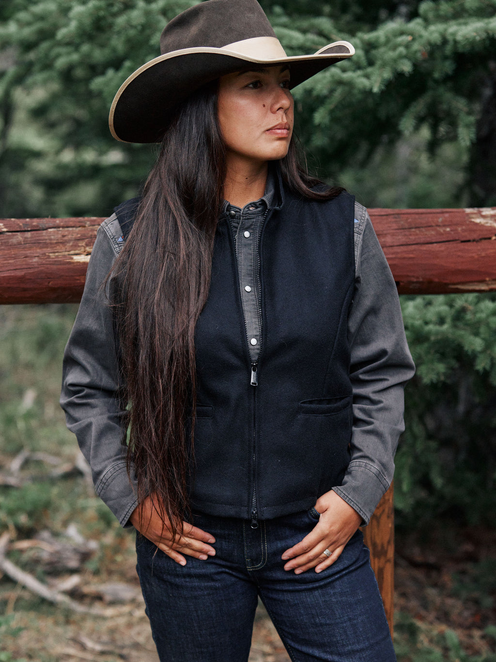 Black wool vest with full-zip front and stand collar