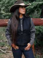 Black wool vest with full-zip front and stand collar