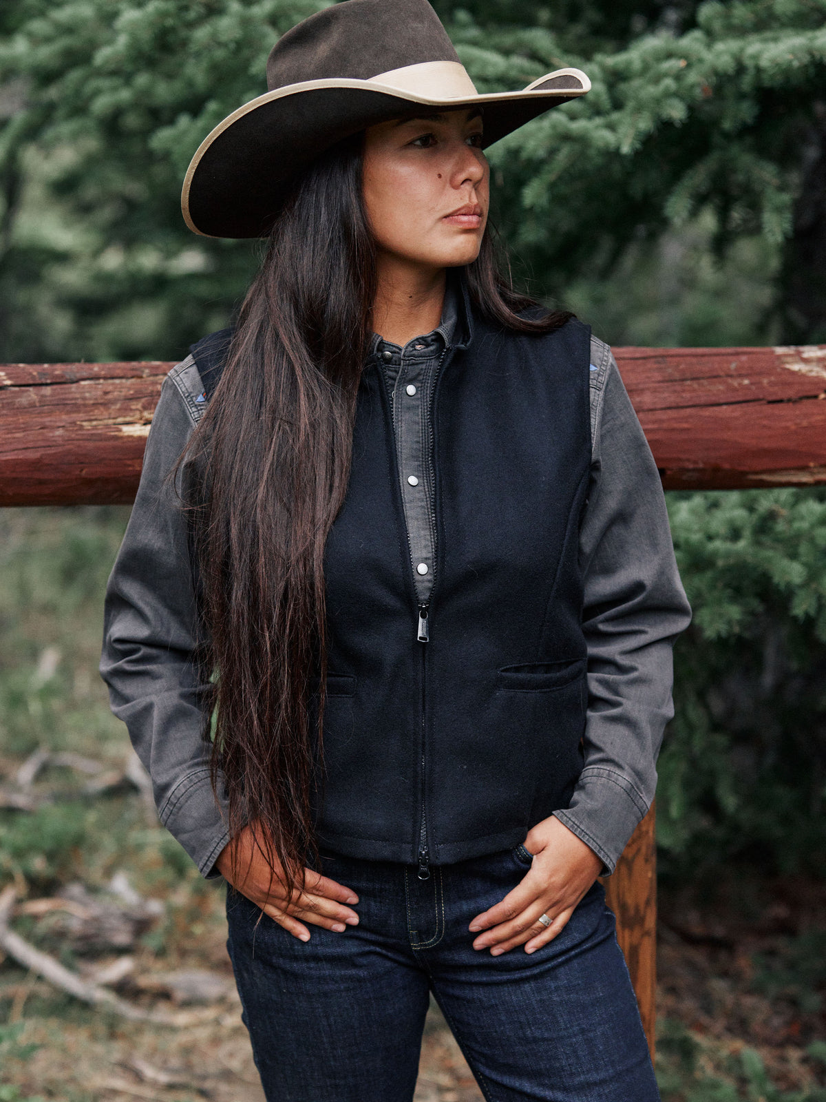 Black wool vest with full-zip front and stand collar