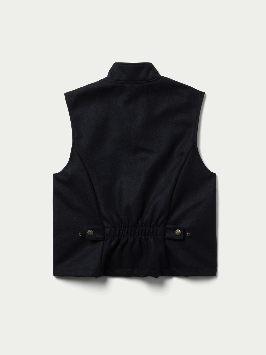 Black wool vest with stand collar and snap buttons at the waist