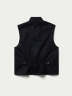 Black wool vest with stand collar and snap buttons at the waist
