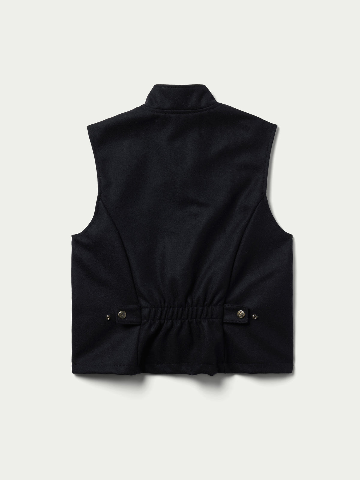 Black wool vest with stand collar and snap buttons at the waist