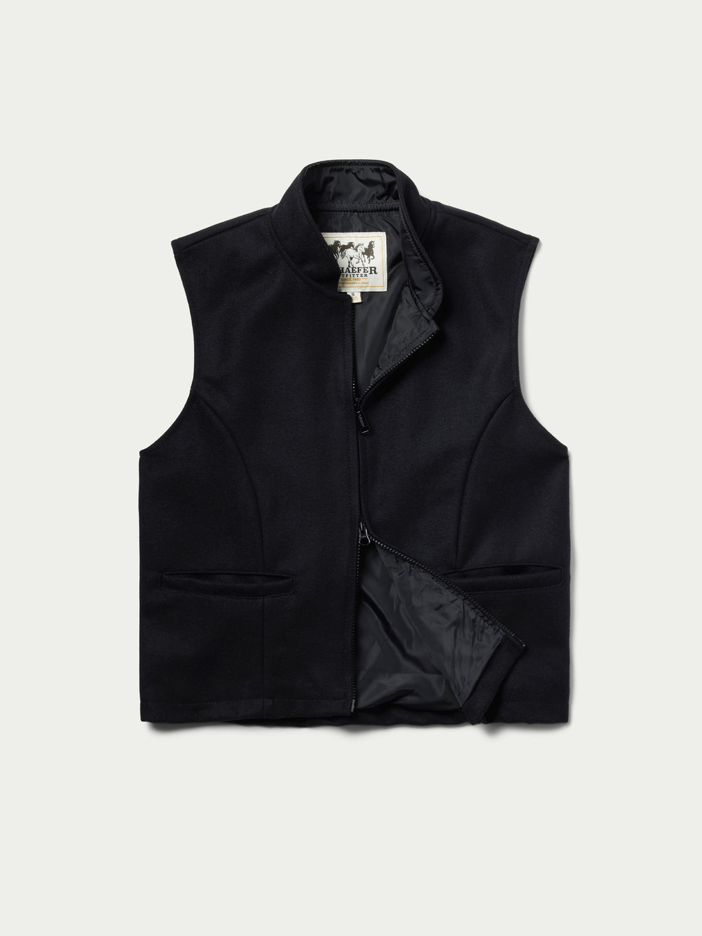 Black wool zip-front vest with stand collar and flap pockets