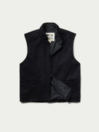 Black wool zip-front vest with stand collar and flap pockets