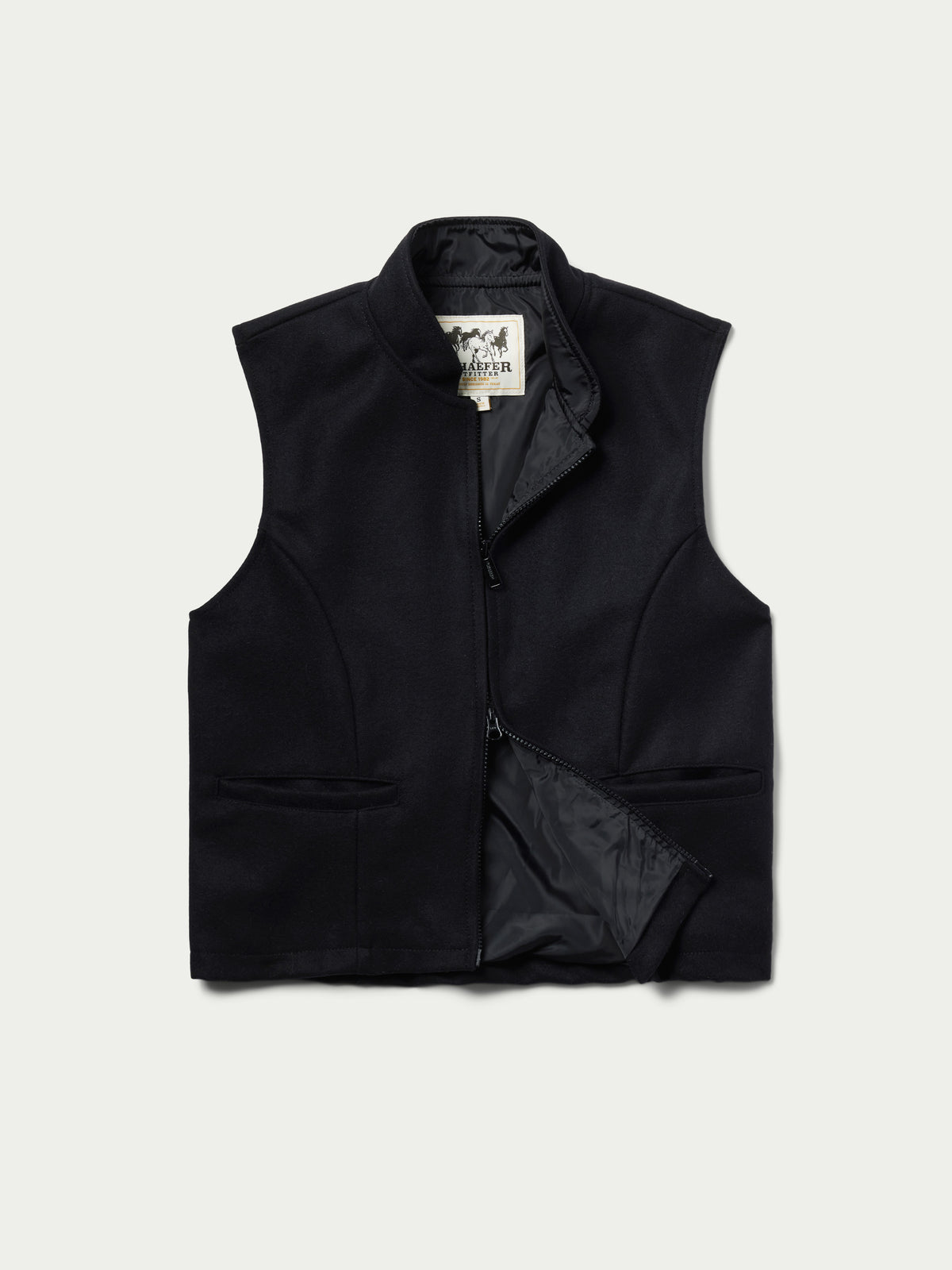 Black wool zip-front vest with stand collar and flap pockets