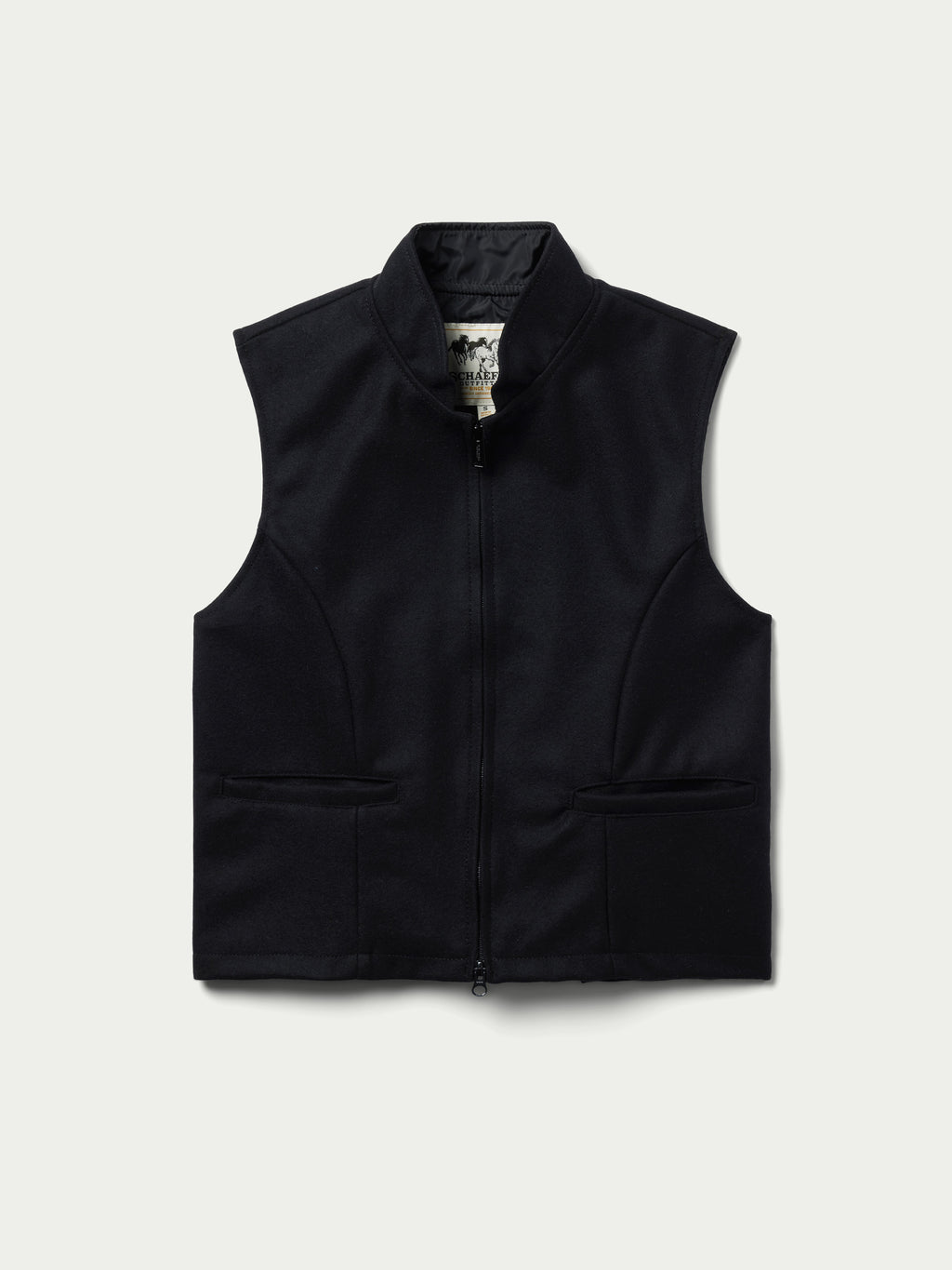 Black wool vest with stand collar, center zipper, and chest pockets