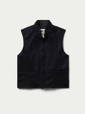 Black wool vest with stand collar, center zipper, and chest pockets