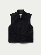 Black wool vest with stand collar, center zipper, and chest pockets