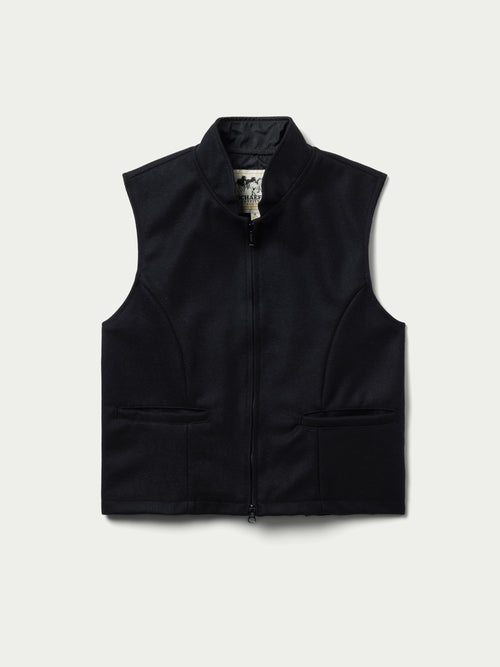 Black wool vest with stand collar, center zipper, and chest pockets
