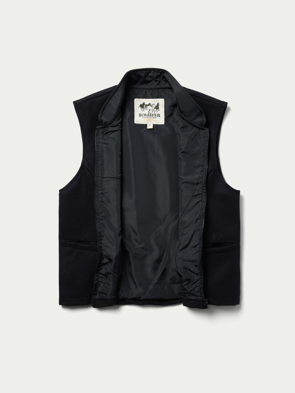 Black wool vest with quilted lining and stand collar