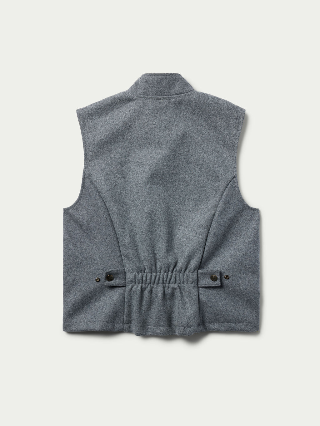 Heather gray wool vest, front view with stand collar and flap pockets