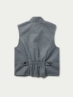 Heather gray wool vest, front view with stand collar and flap pockets