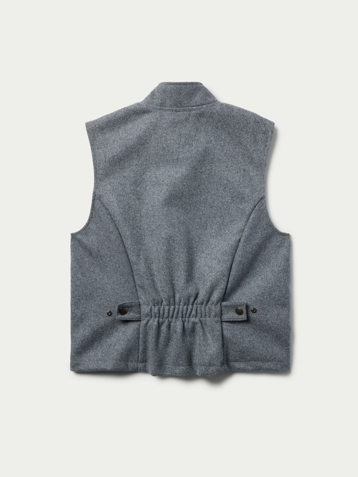 Heather gray wool vest, front view with stand collar and flap pockets