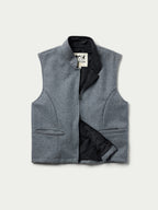 Heather gray wool vest with zip front, stand collar, and flap pockets