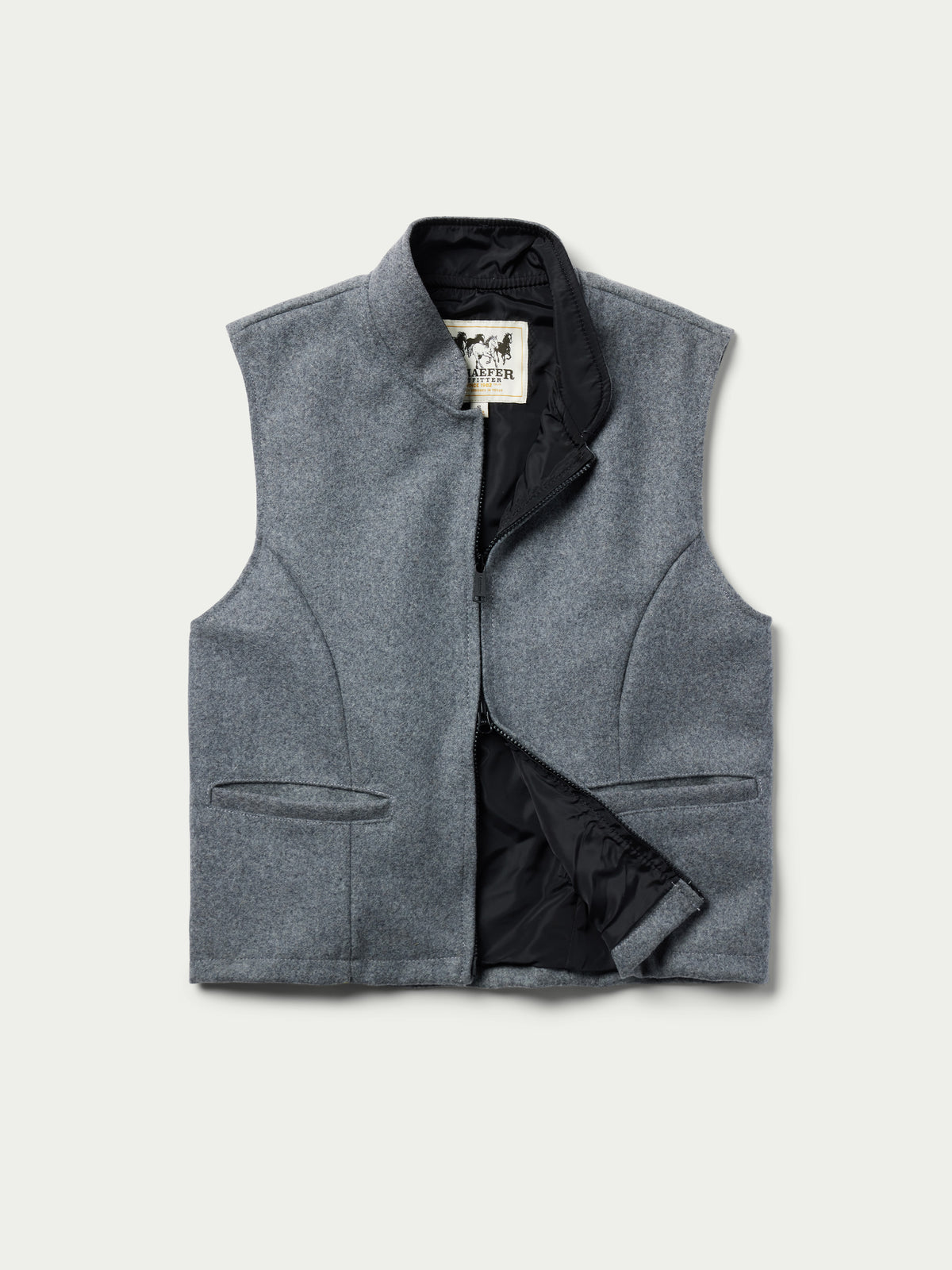 Heather gray wool vest with zip front, stand collar, and flap pockets