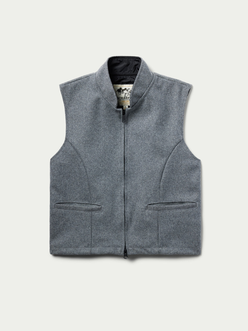 Heather gray wool vest with zip front and two front flap pockets