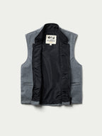 Heather gray wool vest with black lining and zip front