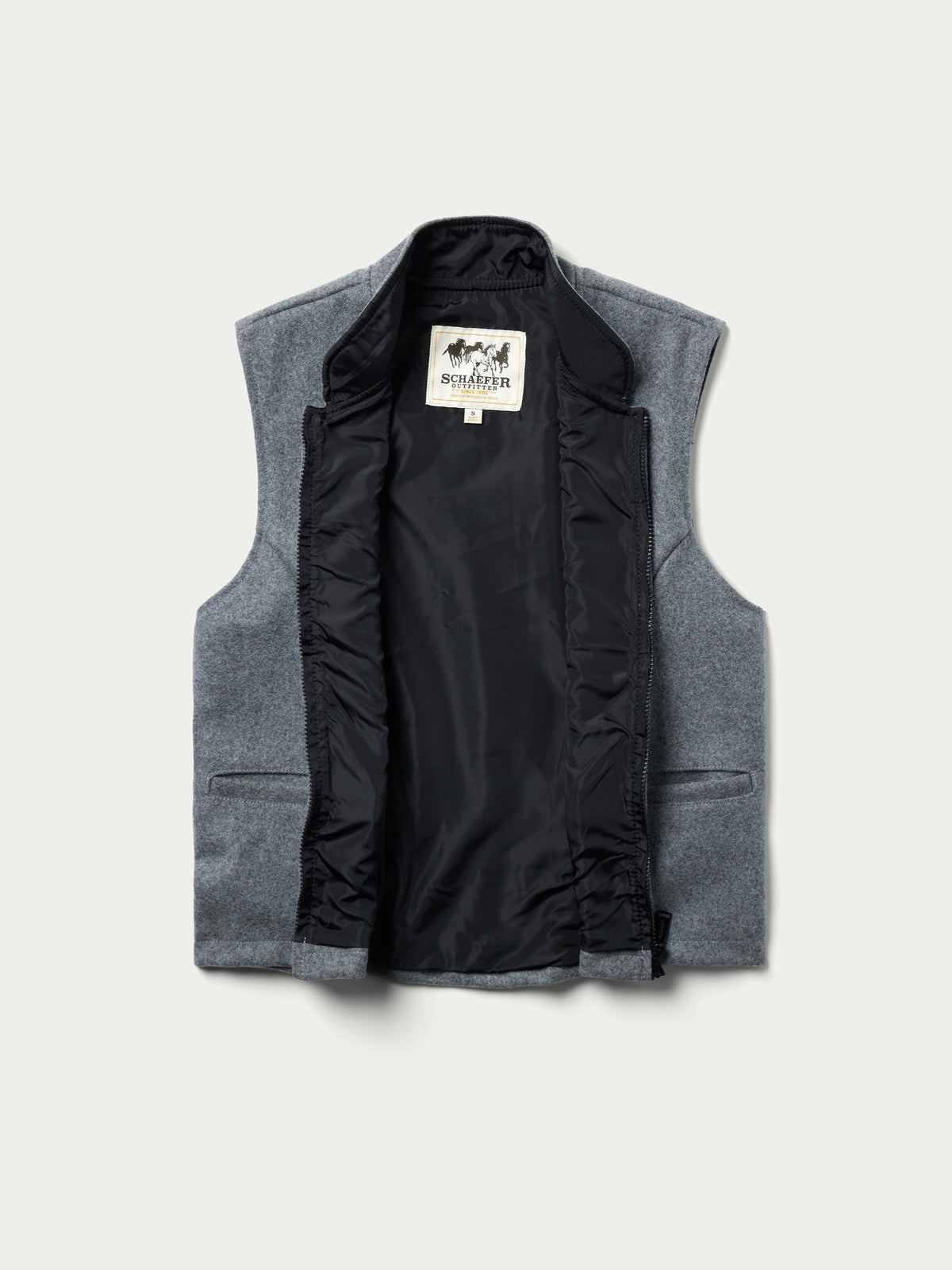 Heather gray wool vest with black lining and zip front