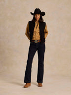 Black wool vest front view with full-zip closure and stand collar