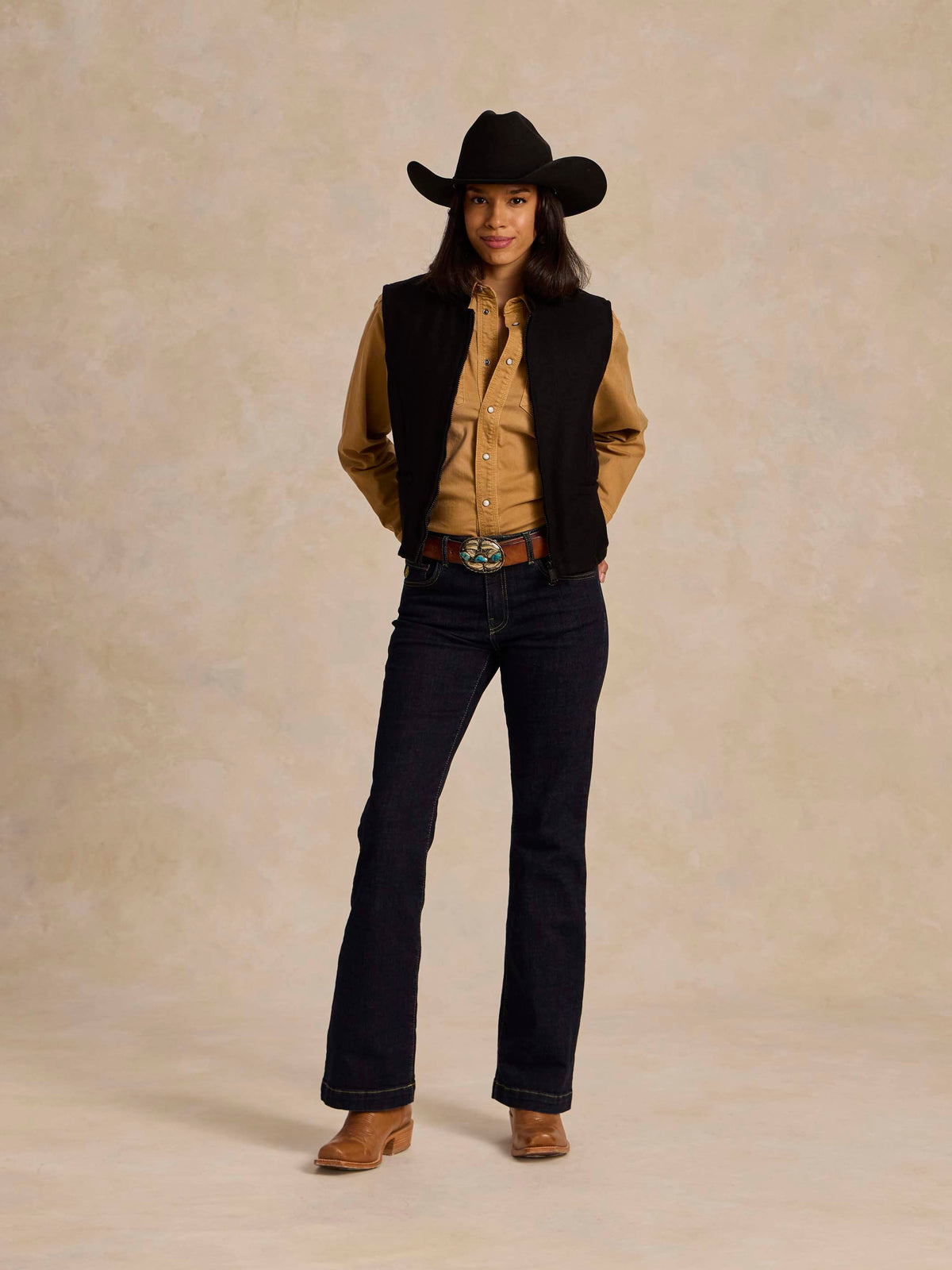 Black wool vest front view with full-zip closure and stand collar