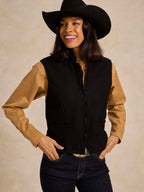 Black wool vest with full-zip front and welt pockets