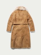 Women’s long shearling coat in chestnut brown with thick fur-trim collar and hem