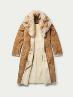 Women’s chestnut shearling coat with fur-lined interior and long button-front design