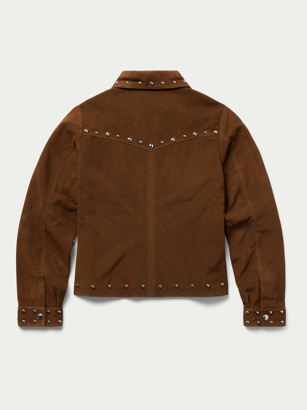Pecan suede studded jacket, back view with silver studs and stand collar