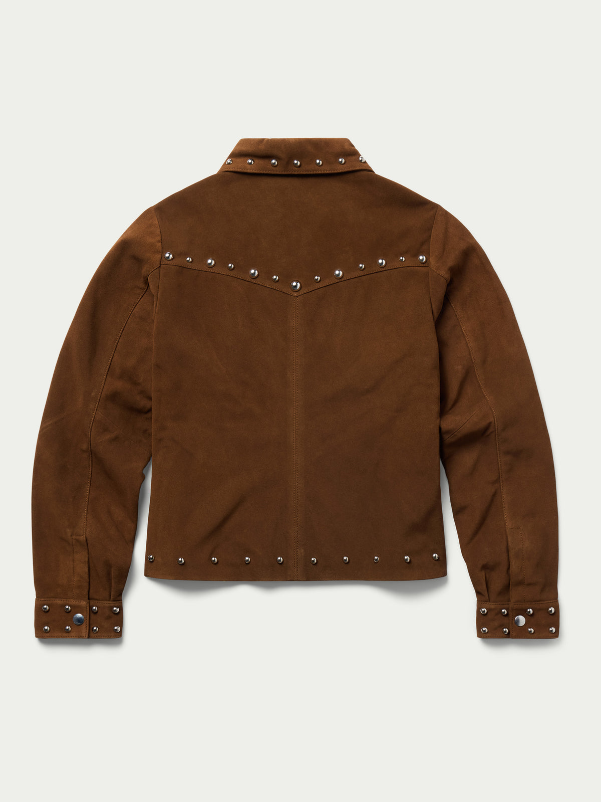Pecan suede studded jacket, back view with silver studs and stand collar